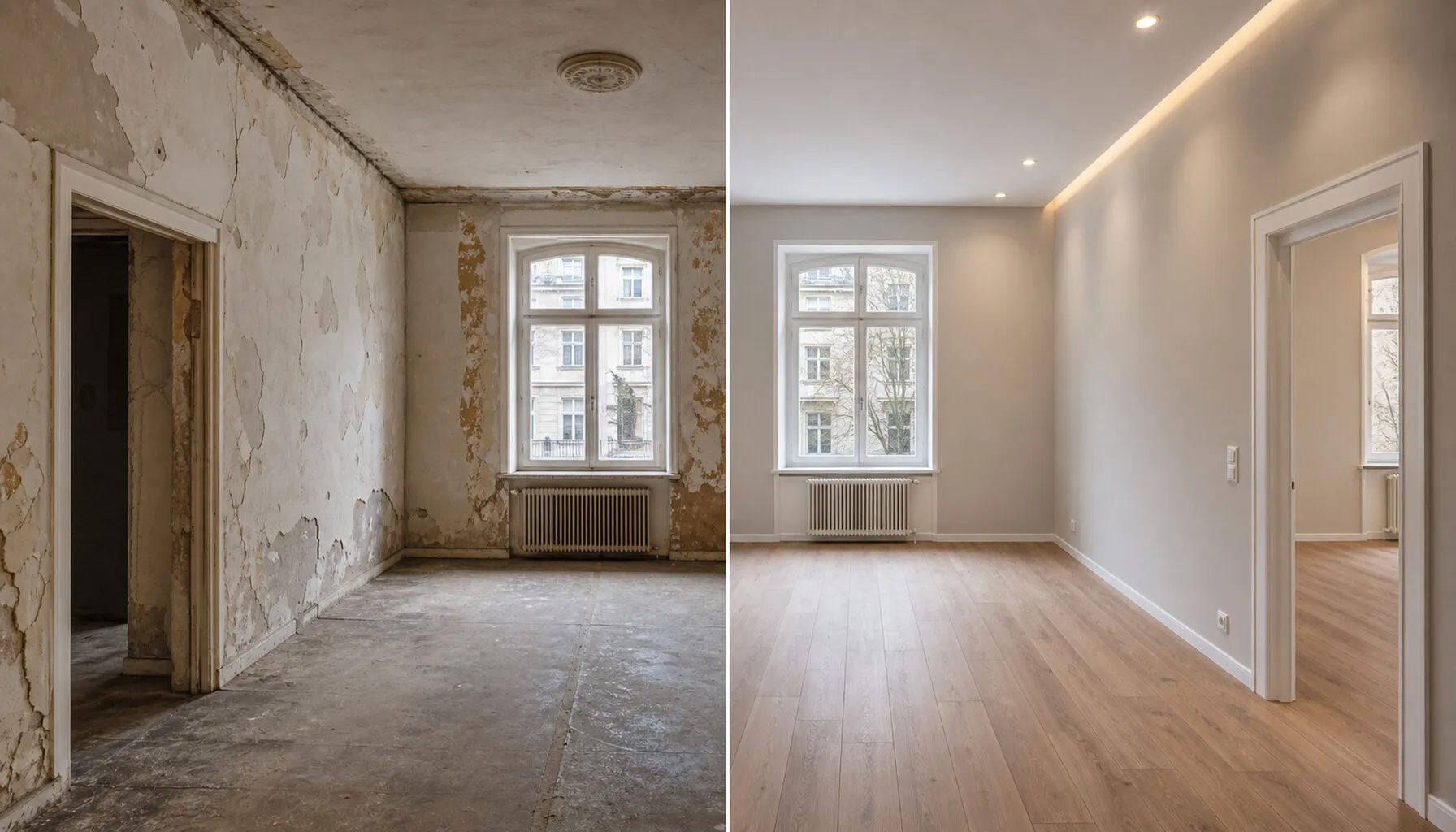 Derselbe Raum vorher und nachher: links unsaniert mit abblätterndem Putz, rechts fertig renoviert mit glatten Wänden und neuem Holzboden.