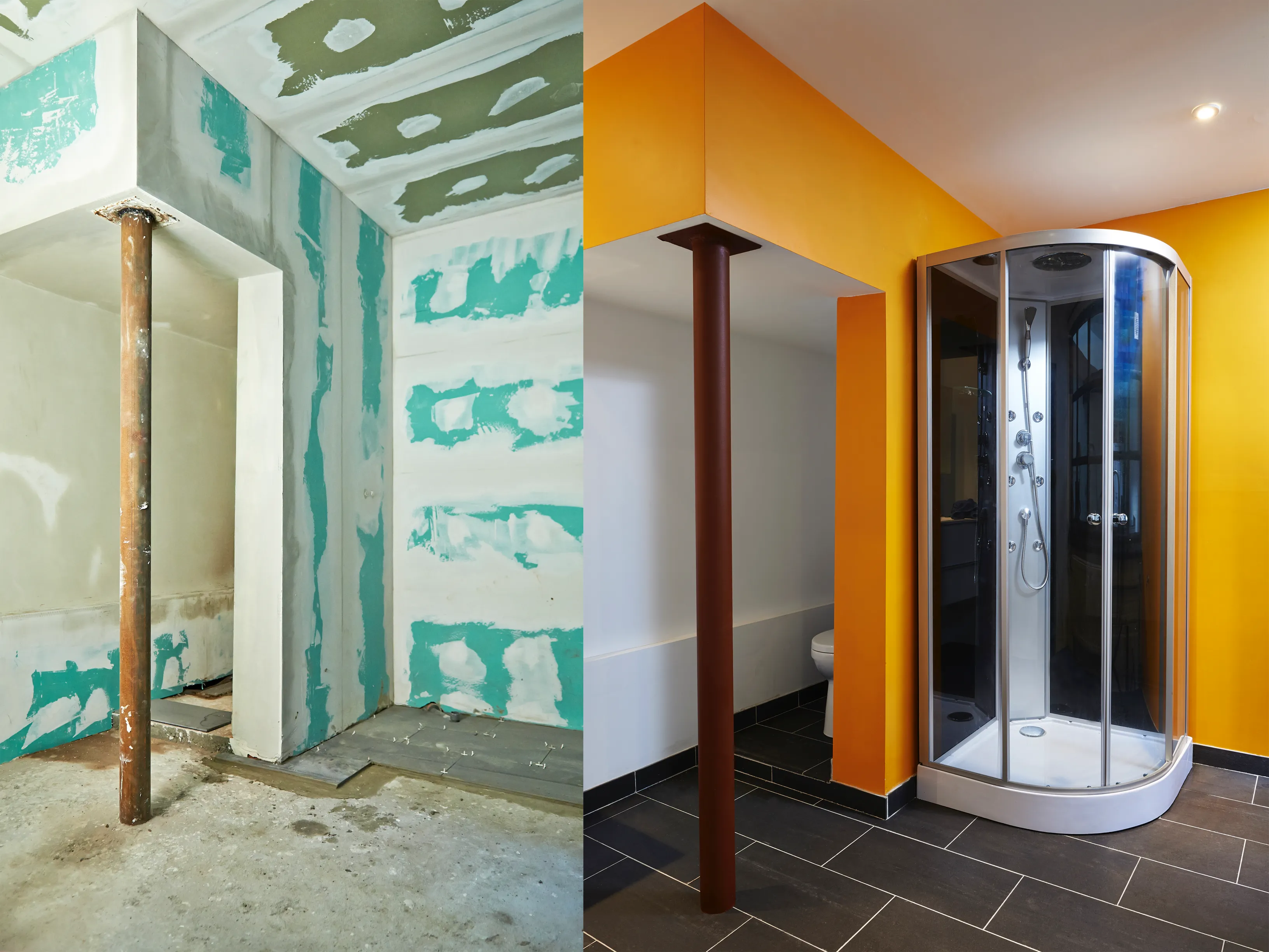 Bad vorher und nachher: links Rohbau, rechts fertige Dusche mit farbigen Wänden.