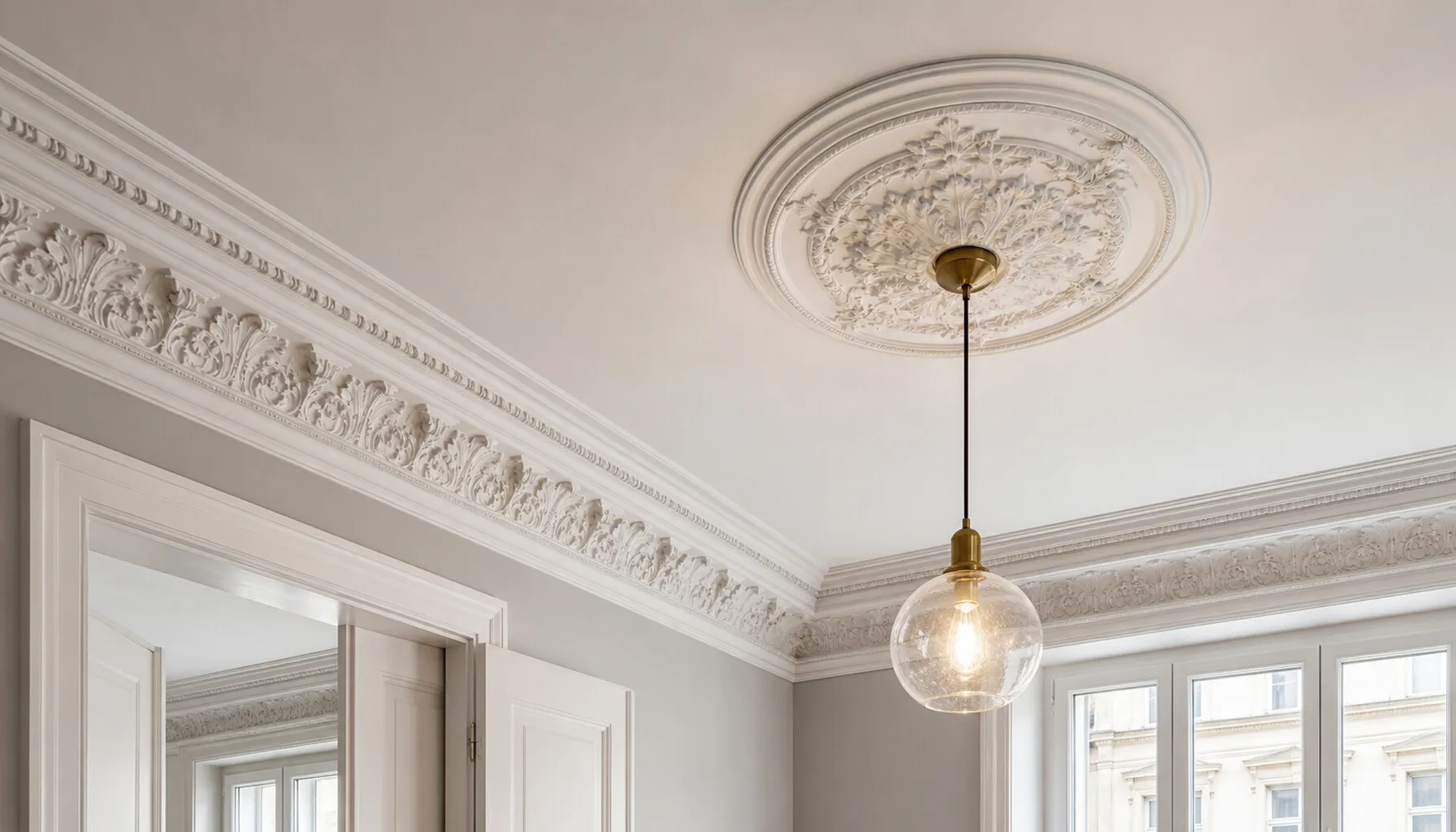 Verzierte Stuckrosette und floraler Deckenkranz mit Pendelleuchte in einem Altbau.