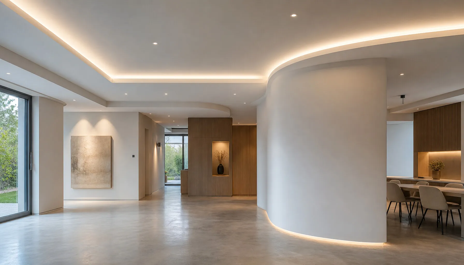 Großzügiger Innenraum mit gerundeter Trockenbauwand, abgehängter Decke und Lichtvoute.